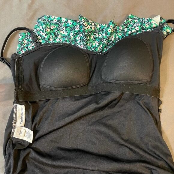 Croft & Barrow Solid Black & Green Floral Swim Top Removeable Straps size 6 - Picture 5 of 11